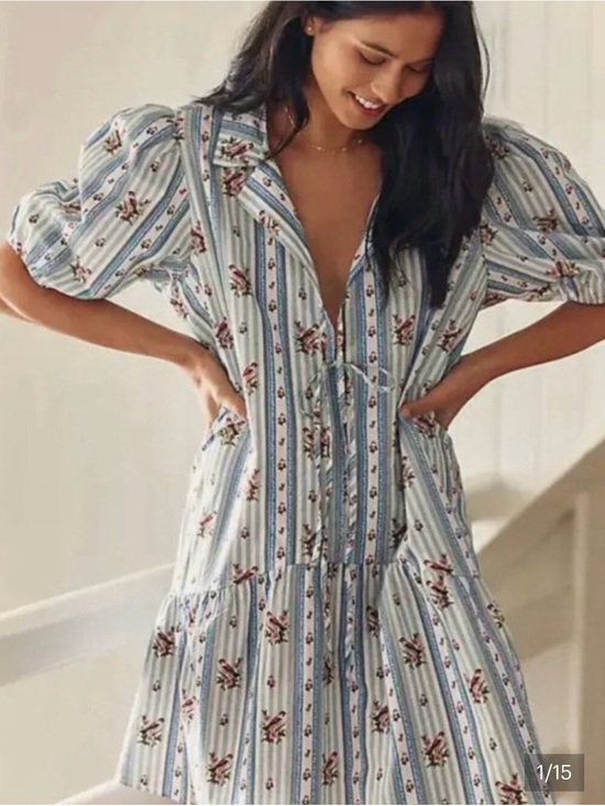 Anthropologie Dresses & Skirts - Anthropologie Light Blue Striped Floral And Bird Tie-Front Mini Dress NWOT